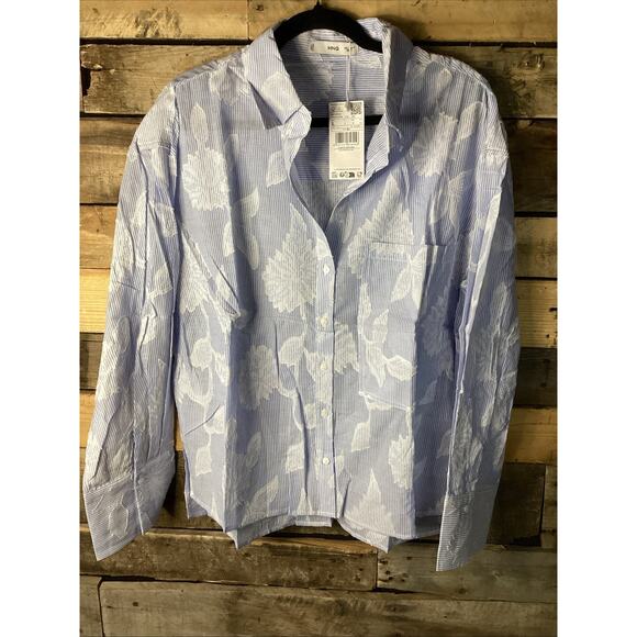 Mango Women’s LS Blue And White Pin Stripe Button Up Blouse With Floral size L - Picture 1 of 4